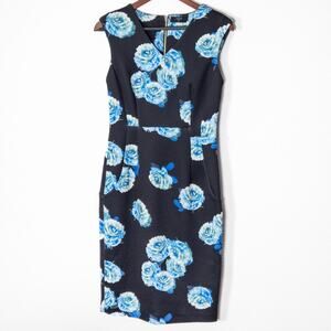 Tahari Floral Sheath Dress Black Blue Women’s Medium Soft Floral Statement